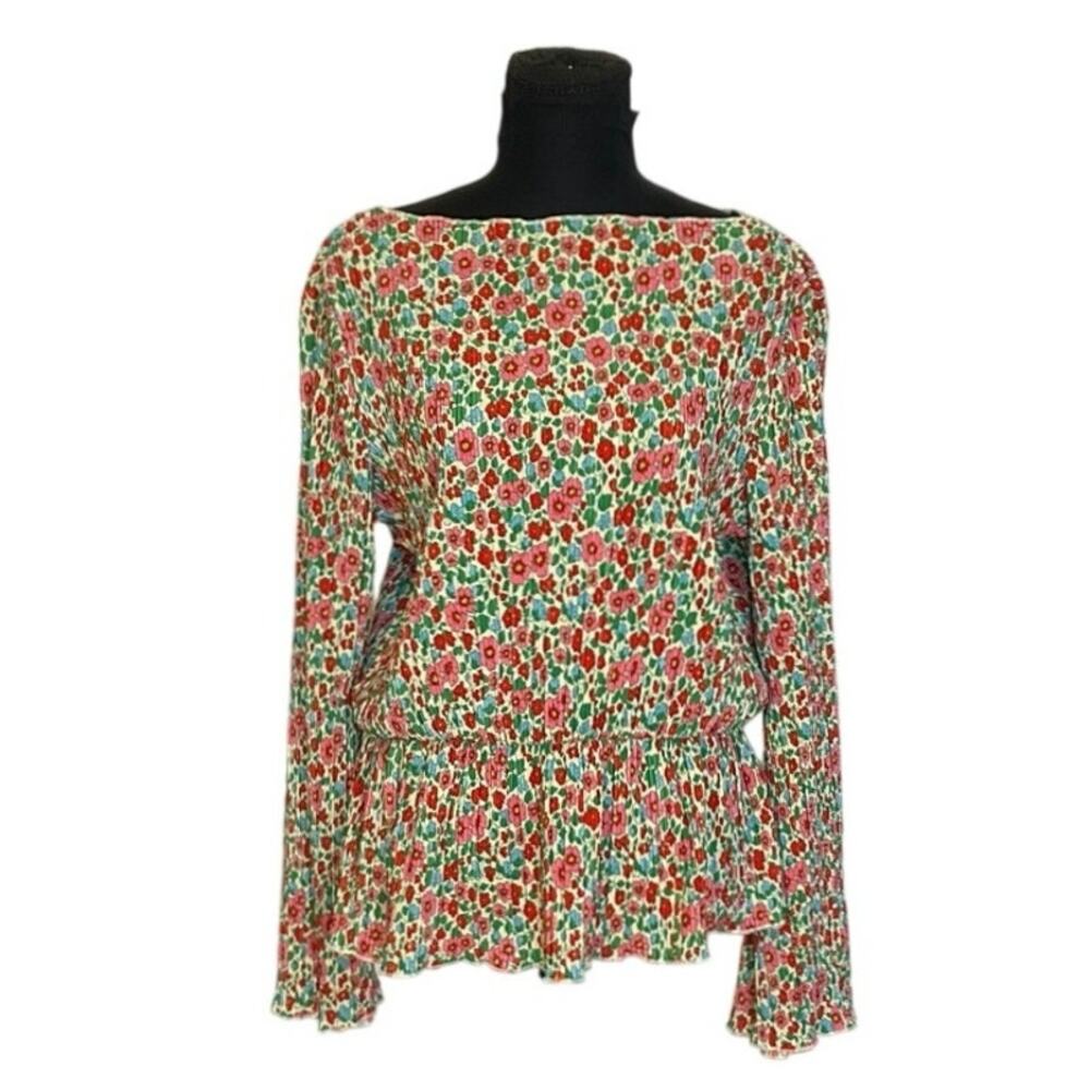 Monki Floral Smocked Blouse Medium Cottagecore Peplum Boho Long Sleeve Top